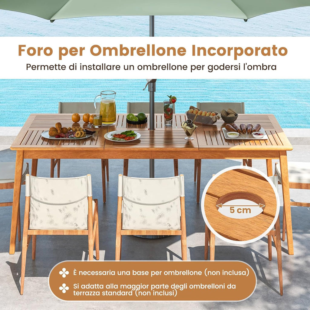 RELAX4LIFE Acacia Wood Outdoor Dining Table for 4 People with Umbrella Hole 5 cm, Weather Resistant for Garden, Terrace and Courtyard, Natural (200 x 90 x 75 cm)