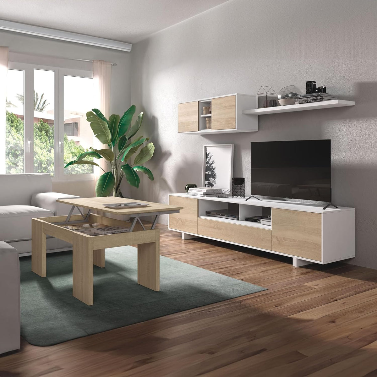 Habitdesign Mobile Soggiorno Moderno, Moduli Sala da Pranzo, Modello Belus, Finitura in Bianco Lucido e Rovere Canadese, Dimensioni: 200 cm (profondità) x 41 cm (Altezza) x 46 cm