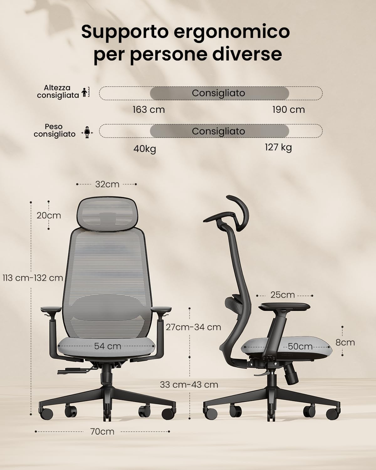 ProtoArc EC200 Sedia da ufficio ergonomica per la casa, sedia da scrivania girevole, poggiatesta 3D regolabile e supporto lombare, seduta scorrevole per un comfort di oltre 8 ore, Grigio