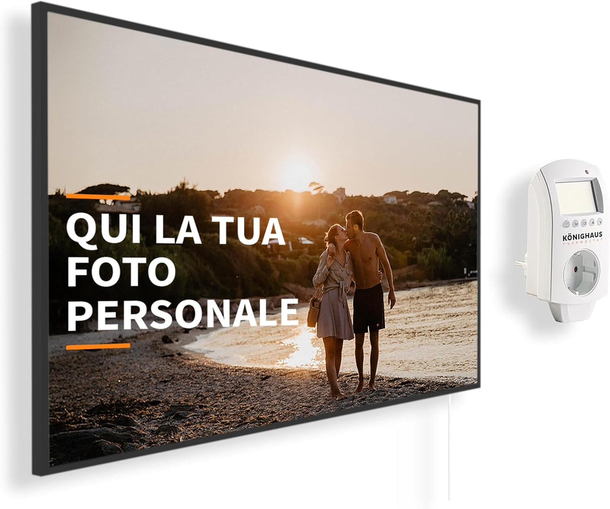 Könighaus Riscaldatore a infrarossi con foto & immagine personale – TÜV SÜD & 5 anni di garanzia – Made in Germany (caricate il vostro motivo) (1200W - cornice nera) - termostato incluso