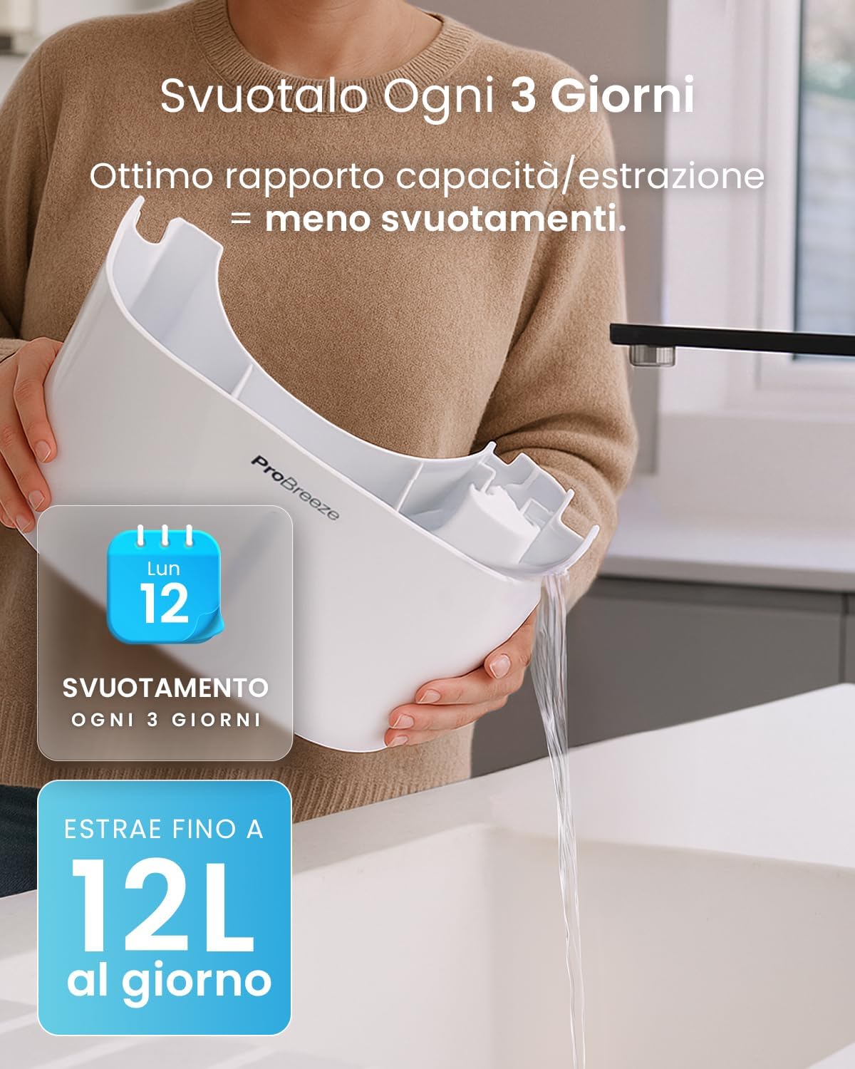 Pro Breeze Deumidificatore 12L / Day con display digitale dell'umidità, modalità Sleep, drenaggio continuo, asciugatura della biancheria e timer 24 ore - Ideale per umidità e condensa