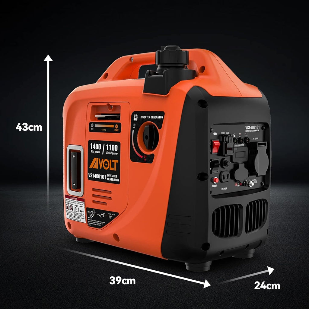AIVOLT Generatore Inverter 1400 Watt generatore di corrente silenziato gruppo elettrogeno emergenza a benzina silenzioso per campeggio, festival e uso domestico con 2 prese USB, 12V DC e 230 V AC
