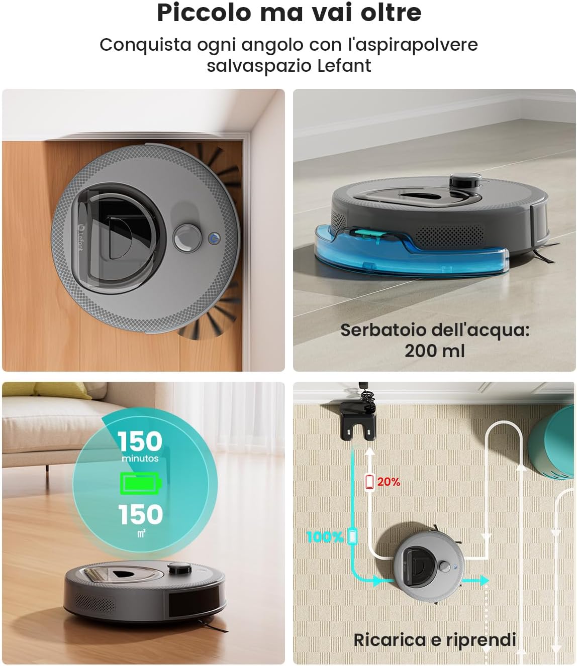 LEFANT M330Pro Robot Aspirapolvere Lavapavimenti con Mappatura Laser dToF, 5000Pa, Evitamento Ostacoli PSD, 150 Minuti, Zona Vietata, App/WiFi/Alexa, Ideale per Animali, Pavimenti Duri, Grigio