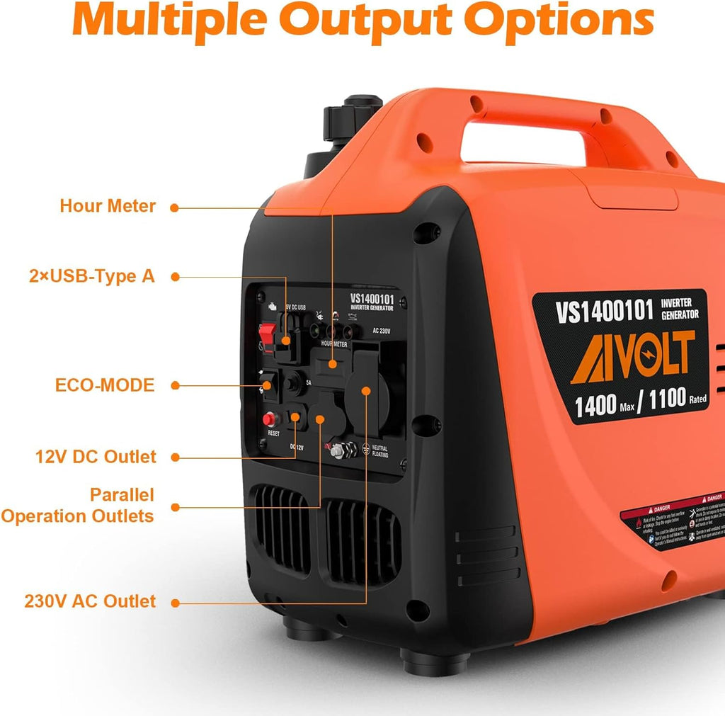 AIVOLT Generatore Inverter 1400 Watt generatore di corrente silenziato gruppo elettrogeno emergenza a benzina silenzioso per campeggio, festival e uso domestico con 2 prese USB, 12V DC e 230 V AC