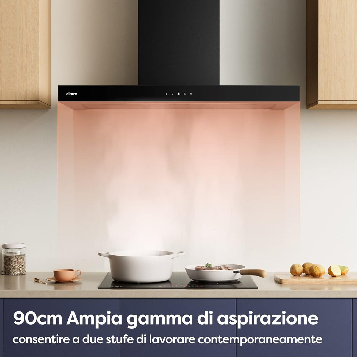 CIARRA CBCB9102 A+++ Cappa Aspirante 90 cm - 650m³/h - Wi-Fi App - Touch Control - 4 Velocità con Booster - Filtro Carbone Incluso -Evacuazione o Ricircolo - Design Moderno Nero