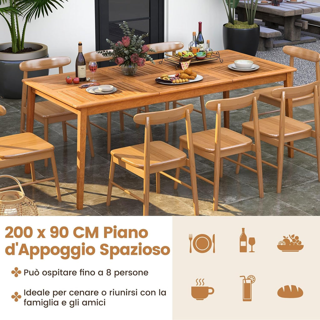 RELAX4LIFE Acacia Wood Outdoor Dining Table for 4 People with Umbrella Hole 5 cm, Weather Resistant for Garden, Terrace and Courtyard, Natural (200 x 90 x 75 cm)
