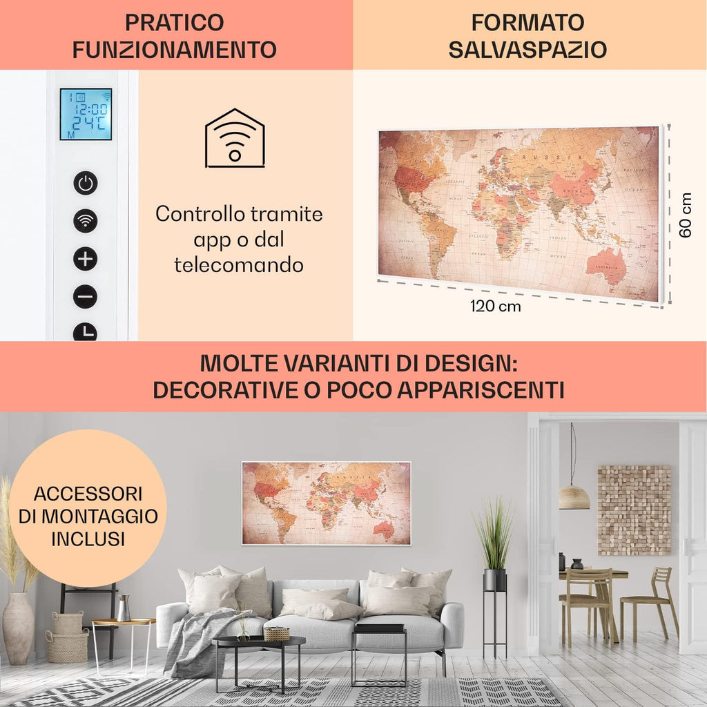 Klarstein Air Art Smart Stufa Elettrica Basso Consumo, Termoconvettore Elettrico da Parete 700W con Controllo IoT/WiFi App, Termosifone Elettrico a Muro, Pannello Radiante Infrarossi, Senza CO2