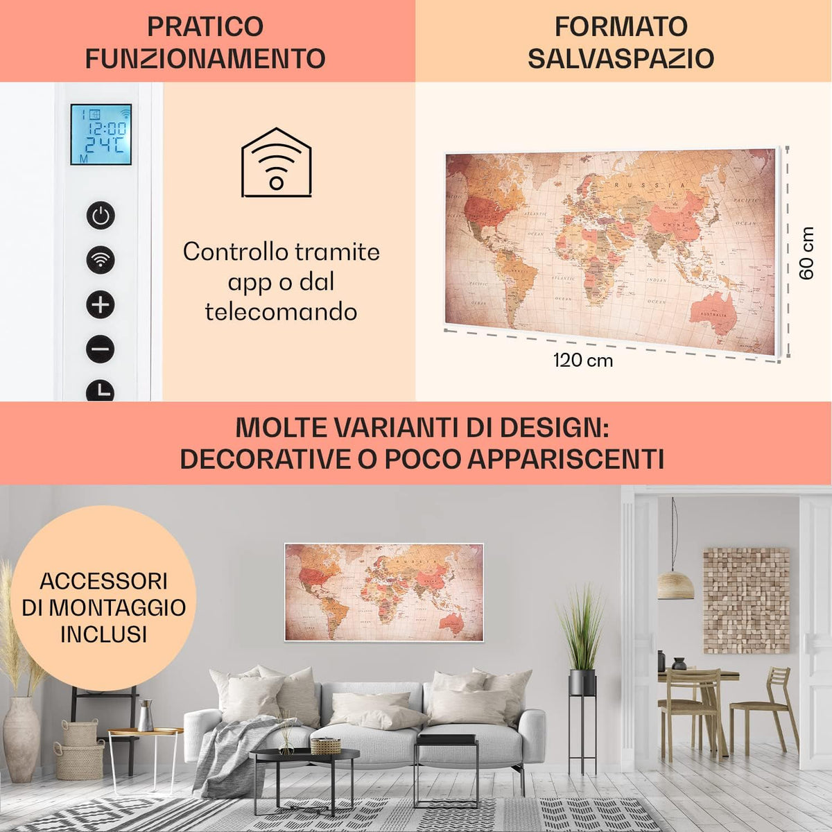 Klarstein Air Art Smart Stufa Elettrica Basso Consumo, Termoconvettore Elettrico da Parete 700W con Controllo IoT/WiFi App, Termosifone Elettrico a Muro, Pannello Radiante Infrarossi, Senza CO2