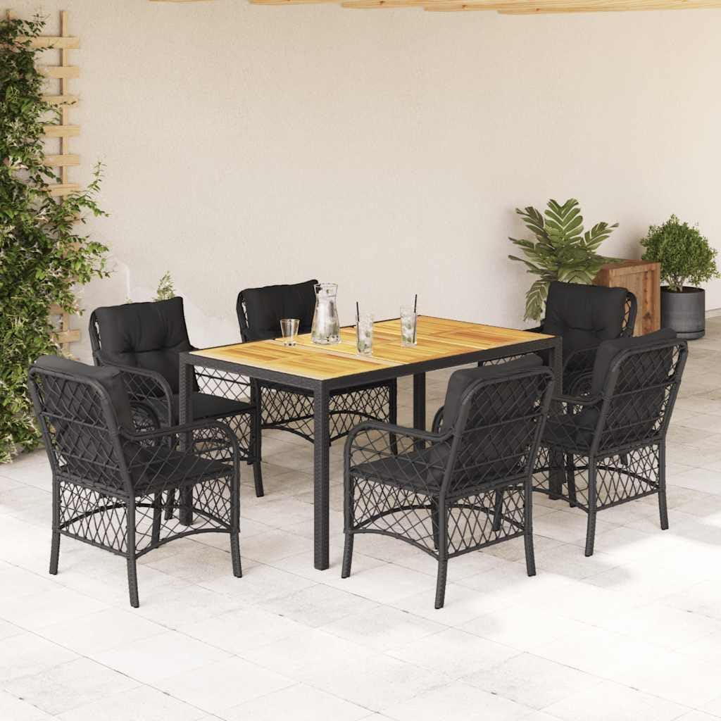 Garden Lounge, set da pranzo da giardino con cuscino, nero, in polyrattan, per cortili, terrazze, balconi, bordi a piscina