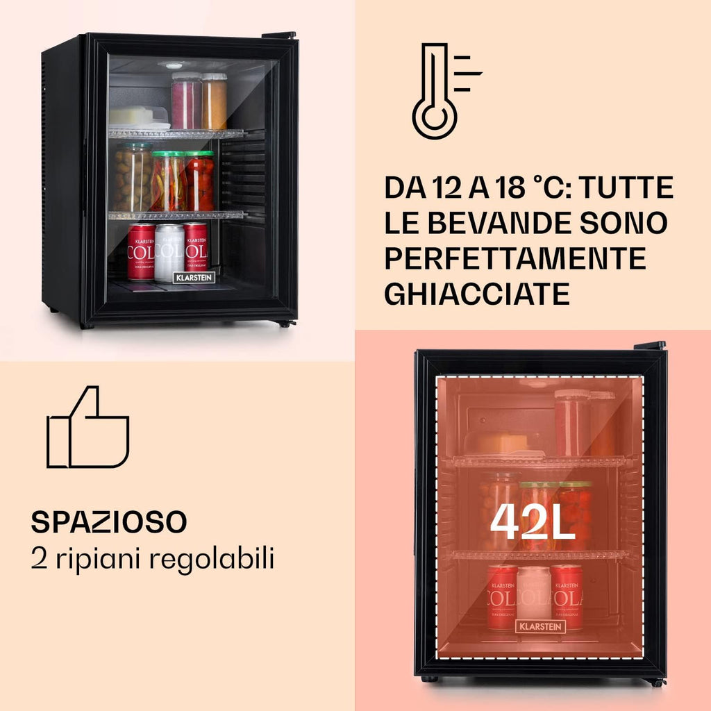 Klarstein Mini Frigo Bar da Camera, Portatile, Frigorifero Piccolo da Ufficio con LED, Ripiani Rimovibili, per Campeggio e Skin Care 12-18°C, 42L