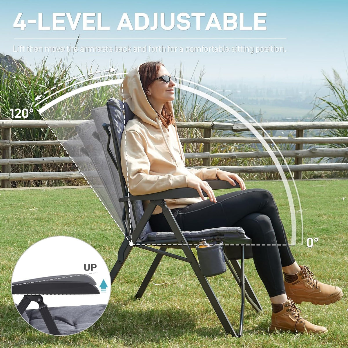 EVER ADVANCED Sedia da campeggio pieghevole con schienale regolabile in 4 posizioni fino a 150 kg, spessore 6 cm, imbottita con tasca laterale, porta bevande, sedia da giardino, schienale alto, sedia