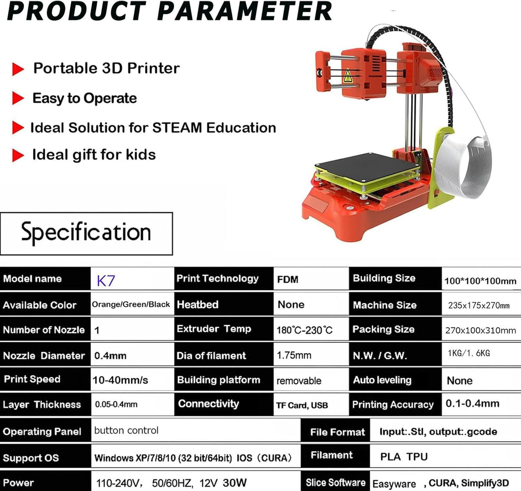 Generico Mini Stampante 3D, Senza Regolazioni, Design Silenzioso, Area di Stampa 100x100x100 Mm, Stampante Portatile di Livello Educativo, Compatibile con Filamento PLA