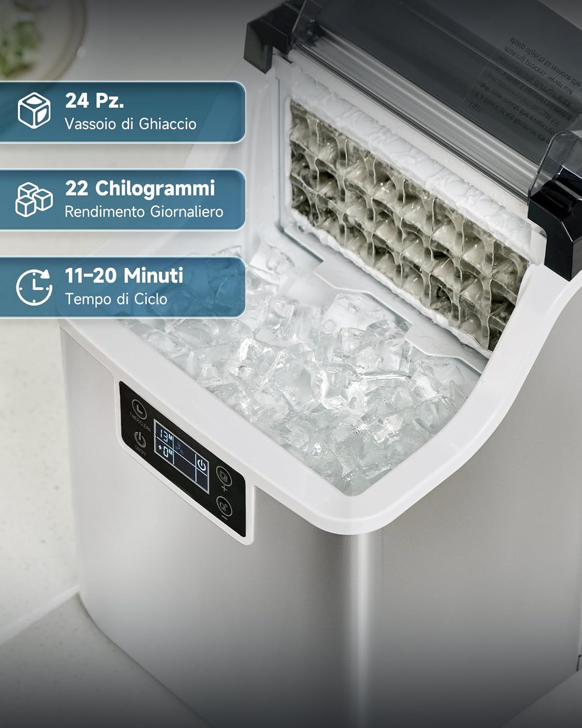 CREWORKS Macchina Ghiaccio 22kg/24h Fabbricatore Ghiaccio 24 Cubetti in 11-20 Minuti Serbatoio 3.2L Macchina per Ghiaccio Autopulente con LCD Pannello per Casa Ufficio Bar Ristorante (24 PCS)