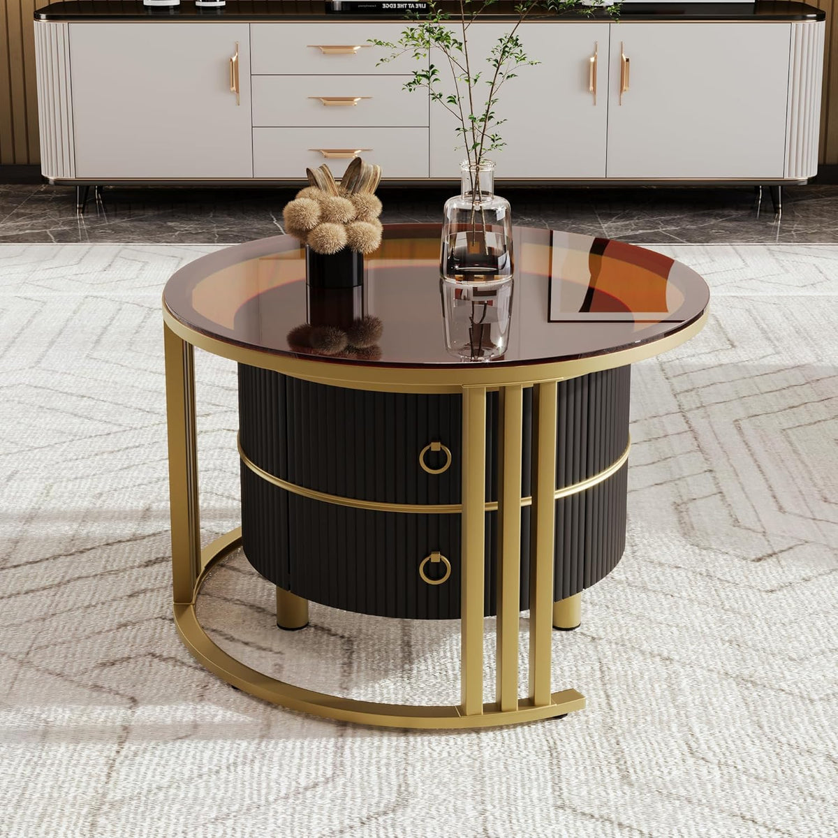 70 x 70 x 46 + 50 x 50 x 40 cm, tavolino rotondo in MDF 2 in 1, tavolino con piano lucido e 1 piano in marmo bianco, combinazione con 2 cassetti (vetro+nero), 3203890