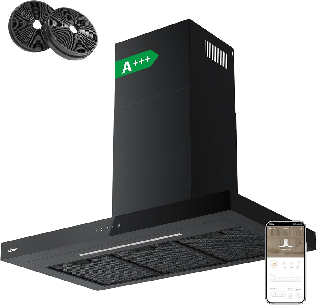 CIARRA CBCB9102 A+++ Cappa Aspirante 90 cm - 650m³/h - Wi-Fi App - Touch Control - 4 Velocità con Booster - Filtro Carbone Incluso -Evacuazione o Ricircolo - Design Moderno Nero
