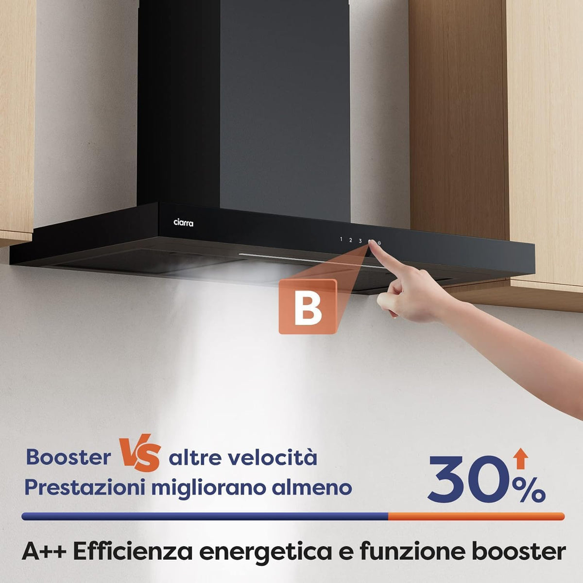 CIARRA CBCB9102 A+++ Cappa Aspirante 90 cm - 650m³/h - Wi-Fi App - Touch Control - 4 Velocità con Booster - Filtro Carbone Incluso -Evacuazione o Ricircolo - Design Moderno Nero