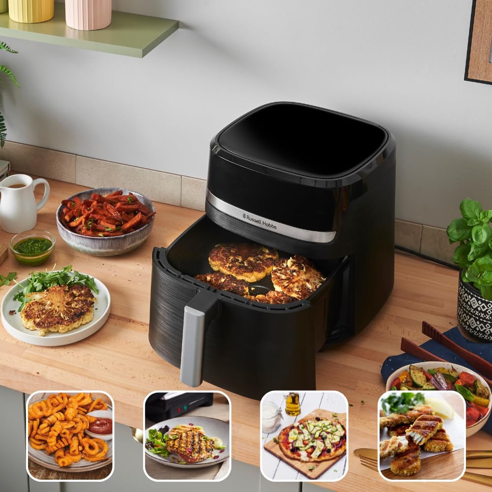Russell Hobbs Friggitrice ad Aria XXL 8,3L, Rapida (Compatta,Silenziosa, Pizza 26 cm) Satisfry (9 Programmi, Lavastoviglie, senza Olio,Touchscreen,Arrostire, Panificare, Grigliare) 27632-56