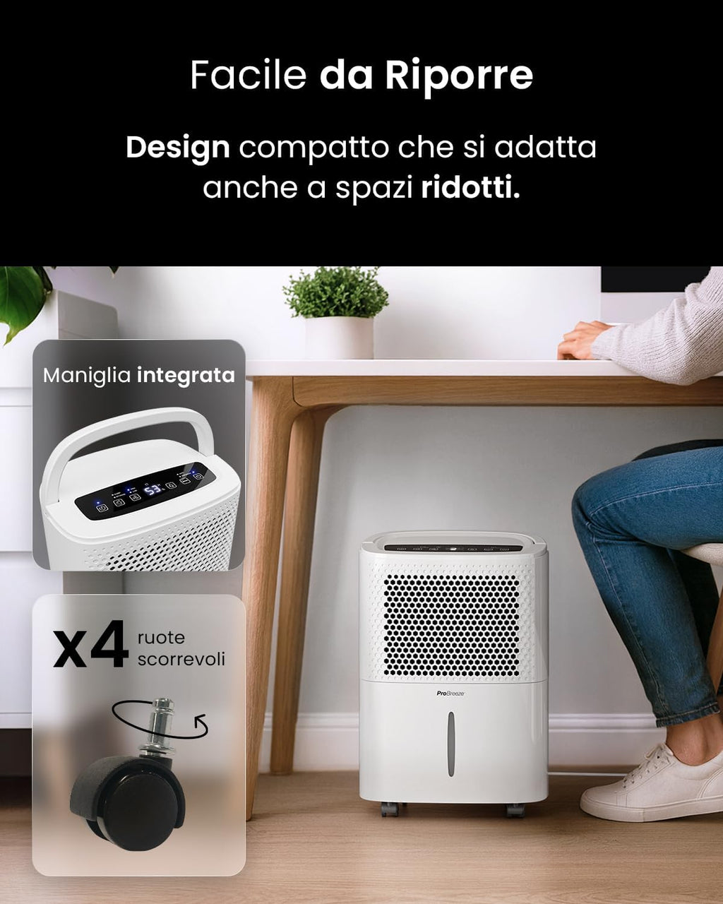 Pro Breeze Deumidificatore 12L / Day con display digitale dell'umidità, modalità Sleep, drenaggio continuo, asciugatura della biancheria e timer 24 ore - Ideale per umidità e condensa
