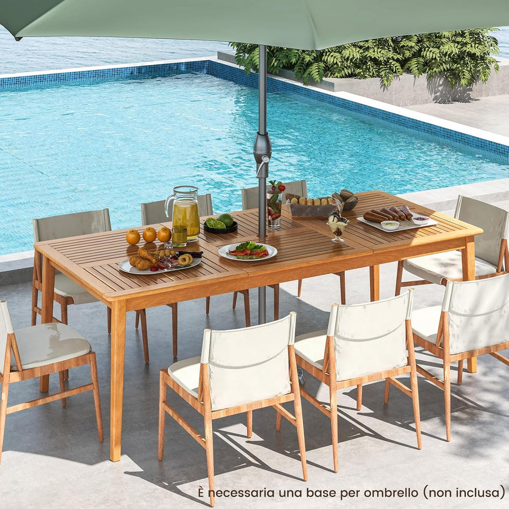 RELAX4LIFE Acacia Wood Outdoor Dining Table for 4 People with Umbrella Hole 5 cm, Weather Resistant for Garden, Terrace and Courtyard, Natural (200 x 90 x 75 cm)
