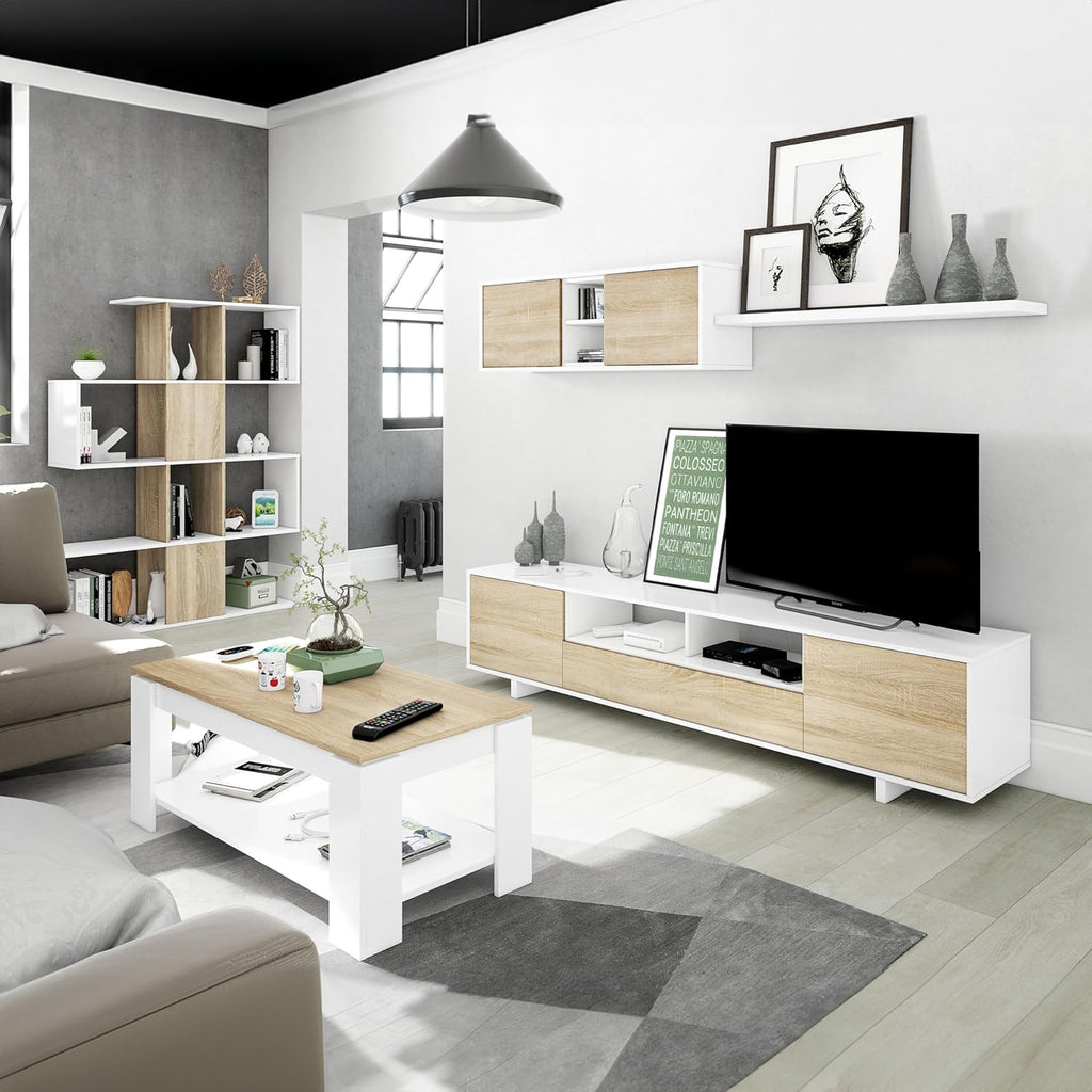 Habitdesign Mobile Soggiorno Moderno, Moduli Sala da Pranzo, Modello Belus, Finitura in Bianco Lucido e Rovere Canadese, Dimensioni: 200 cm (profondità) x 41 cm (Altezza) x 46 cm