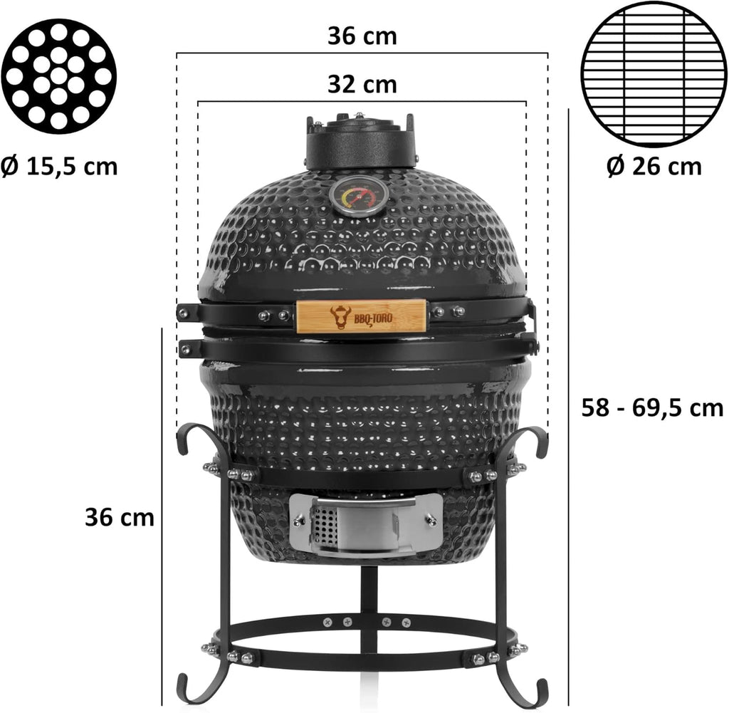 Griglia Kamado BBQ-Toro a carbonella Haiiro Ø 32 cm con termometro, manico in legno | Grigio | Griglia Kamado in ceramica, mini griglia a carbonella