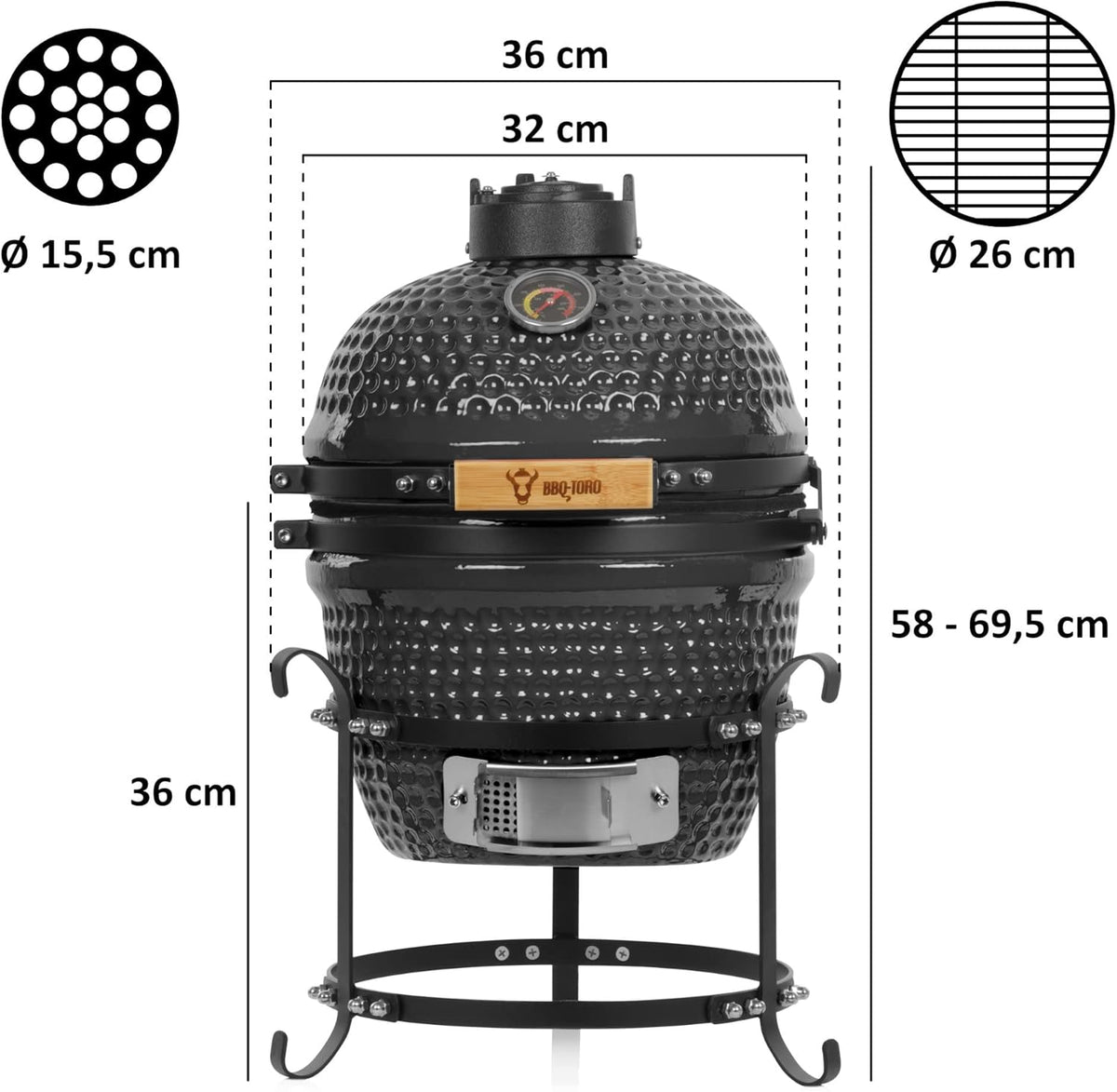 Griglia Kamado BBQ-Toro a carbonella Haiiro Ø 32 cm con termometro, manico in legno | Grigio | Griglia Kamado in ceramica, mini griglia a carbonella