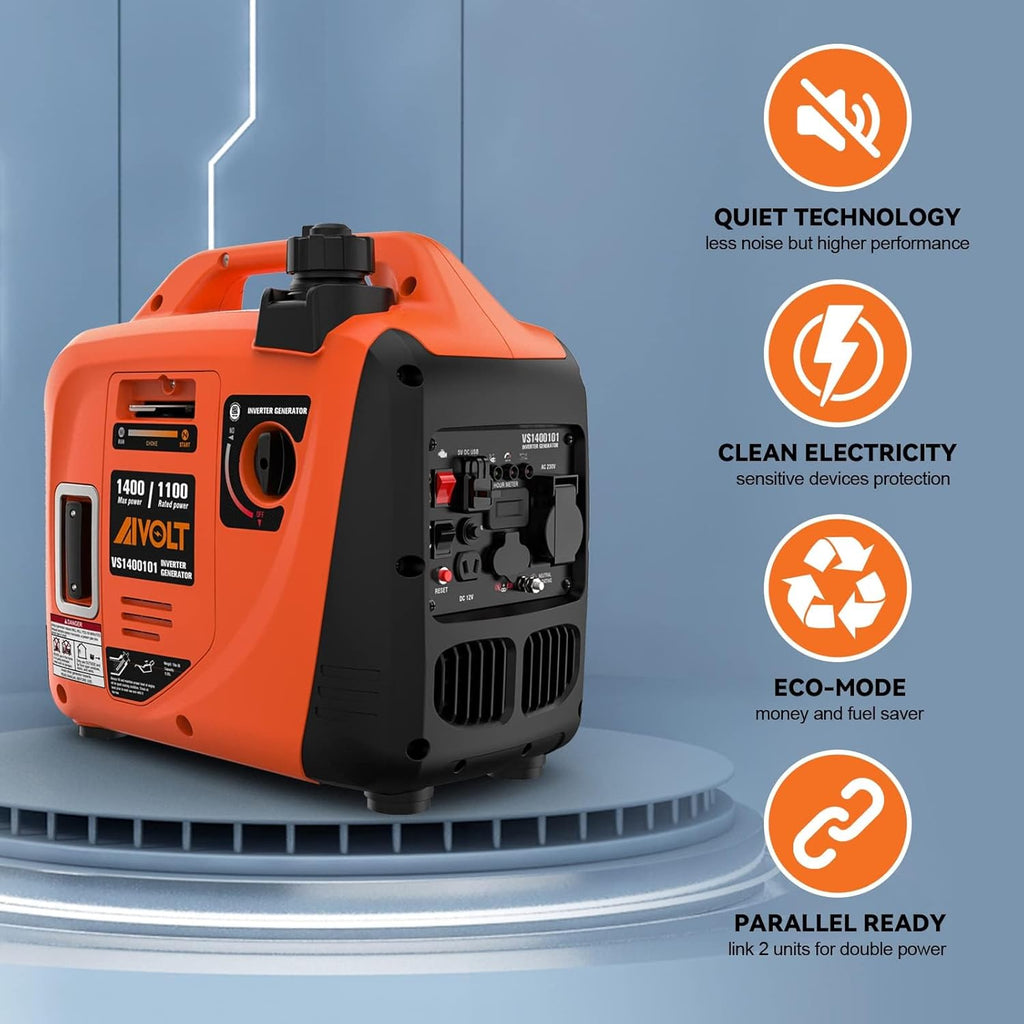 AIVOLT Generatore Inverter 1400 Watt generatore di corrente silenziato gruppo elettrogeno emergenza a benzina silenzioso per campeggio, festival e uso domestico con 2 prese USB, 12V DC e 230 V AC