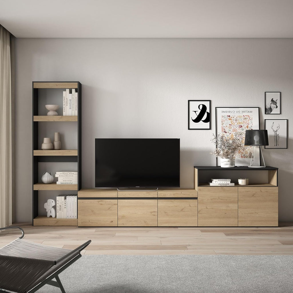 Skraut Home | Mobile Soggiorno TV | Parete Attrezzata Soggiorno | 310x186x35cm | Per TV fino a 65 | Set di mobili | Stile moderno | Rovere e nero