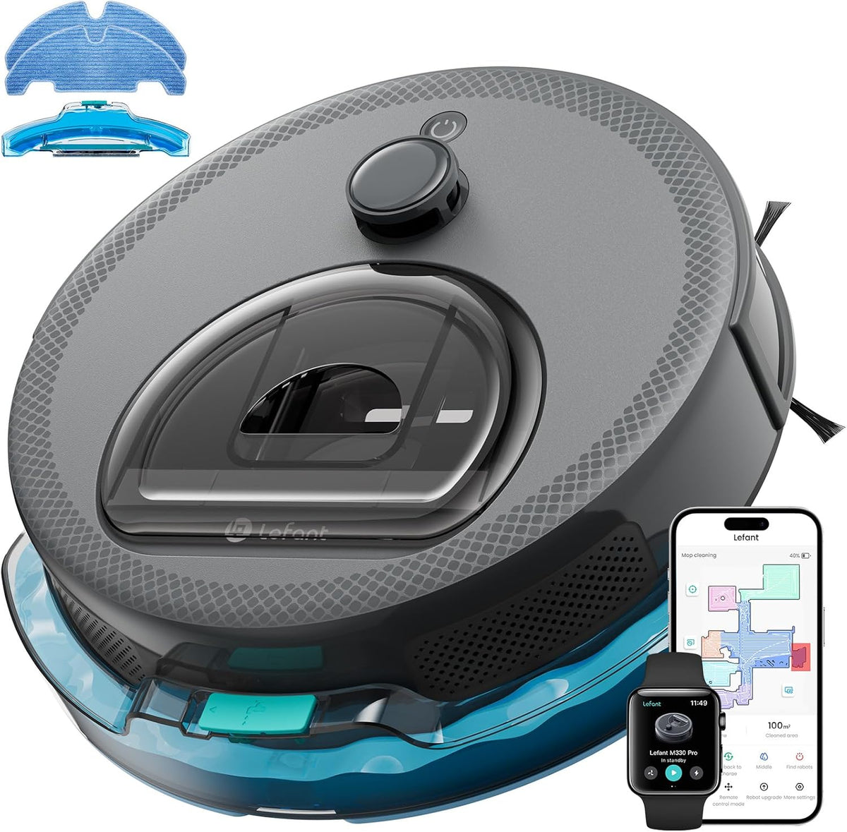 LEFANT M330Pro Robot Aspirapolvere Lavapavimenti con Mappatura Laser dToF, 5000Pa, Evitamento Ostacoli PSD, 150 Minuti, Zona Vietata, App/WiFi/Alexa, Ideale per Animali, Pavimenti Duri, Grigio