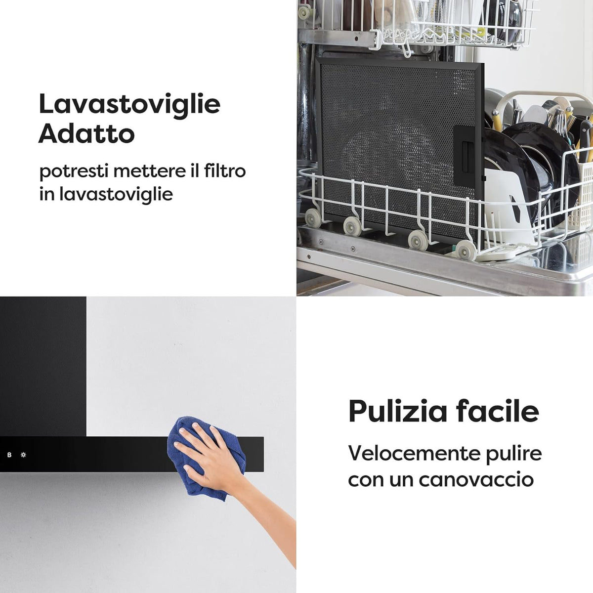 CIARRA CBCB9102 A+++ Cappa Aspirante 90 cm - 650m³/h - Wi-Fi App - Touch Control - 4 Velocità con Booster - Filtro Carbone Incluso -Evacuazione o Ricircolo - Design Moderno Nero