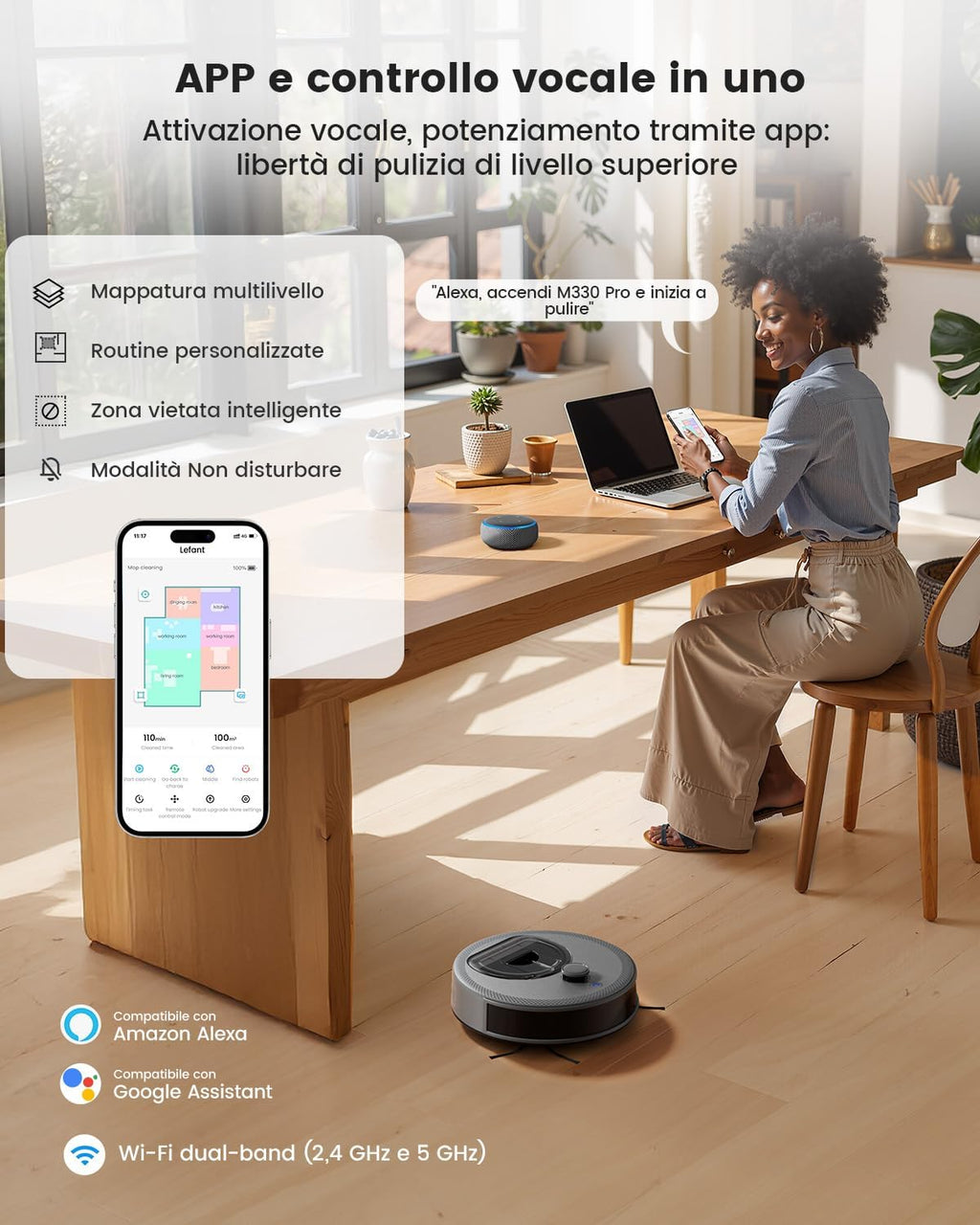 LEFANT M330Pro Robot Aspirapolvere Lavapavimenti con Mappatura Laser dToF, 5000Pa, Evitamento Ostacoli PSD, 150 Minuti, Zona Vietata, App/WiFi/Alexa, Ideale per Animali, Pavimenti Duri, Grigio