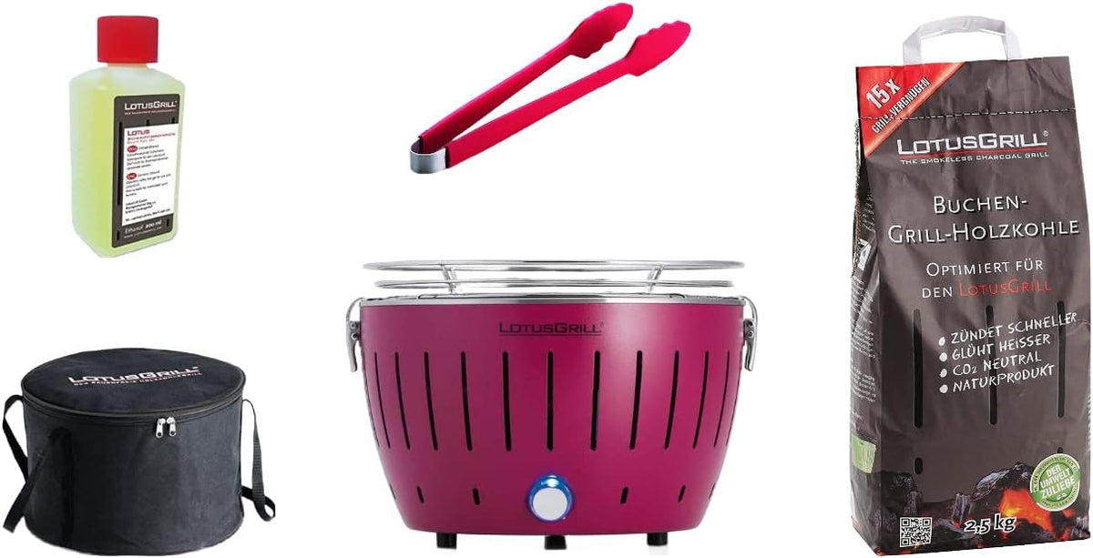 LotusGrill Small Compact G280 Modello più Piccolo, griglia a Carbone a Bassa Emissione di Fumo Viola, 1 kg di Carbone, 200 ml di Pasta combustibile, 1 Coltello e 1 Borsa, connessione USB