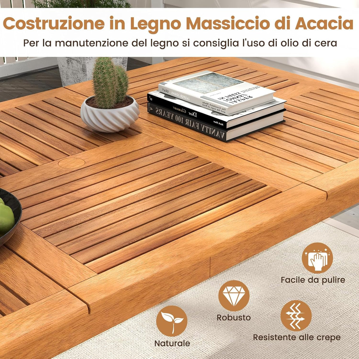 RELAX4LIFE Acacia Wood Outdoor Dining Table for 4 People with Umbrella Hole 5 cm, Weather Resistant for Garden, Terrace and Courtyard, Natural (200 x 90 x 75 cm)