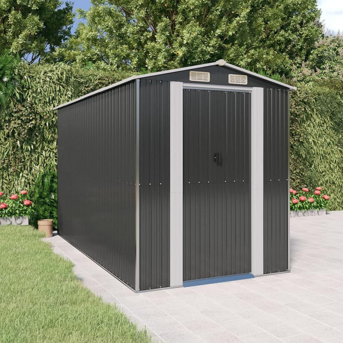 Casetta Attrezzi, Casetta da Giardino, Casetta Attrezzi Giardino, Capanno Attrezzi da Giardino, Capanno da Giardino Antracite 192x357x223 cm in Acciaio Zincato