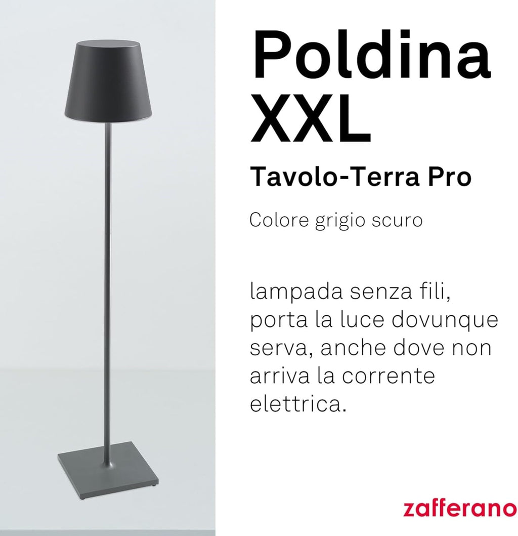 Zafferano, Poldina XXL, Rechargeable and Wireless Floor Lamp with Touch Control, Suitable for Living Room and Outdoor, Dimmer, 2700-3000 K, Adjustable Height 69-150 cm, Dark Grey