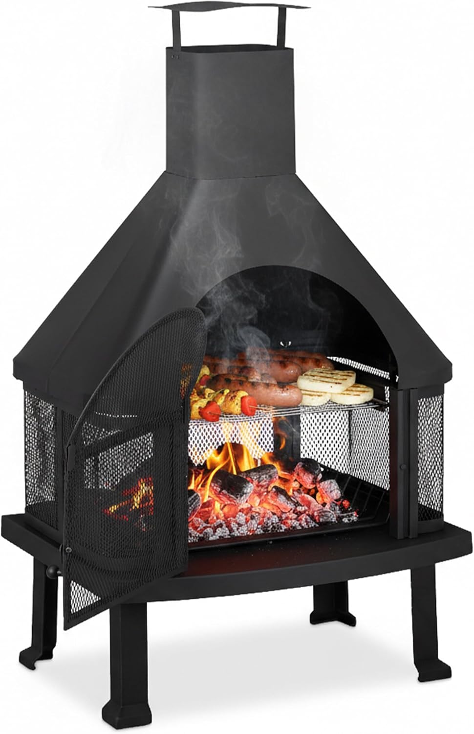 Relaxdays Forno da Terrazzo con Grill, Braciere con Parascintille, Attizzatoio, Massiccio, Acciaio, 110x63x51 cm, Nero