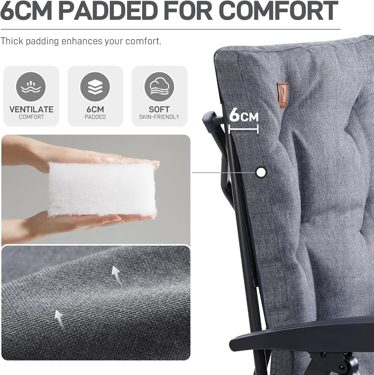 EVER ADVANCED Sedia da campeggio pieghevole con schienale regolabile in 4 posizioni fino a 150 kg, spessore 6 cm, imbottita con tasca laterale, porta bevande, sedia da giardino, schienale alto, sedia