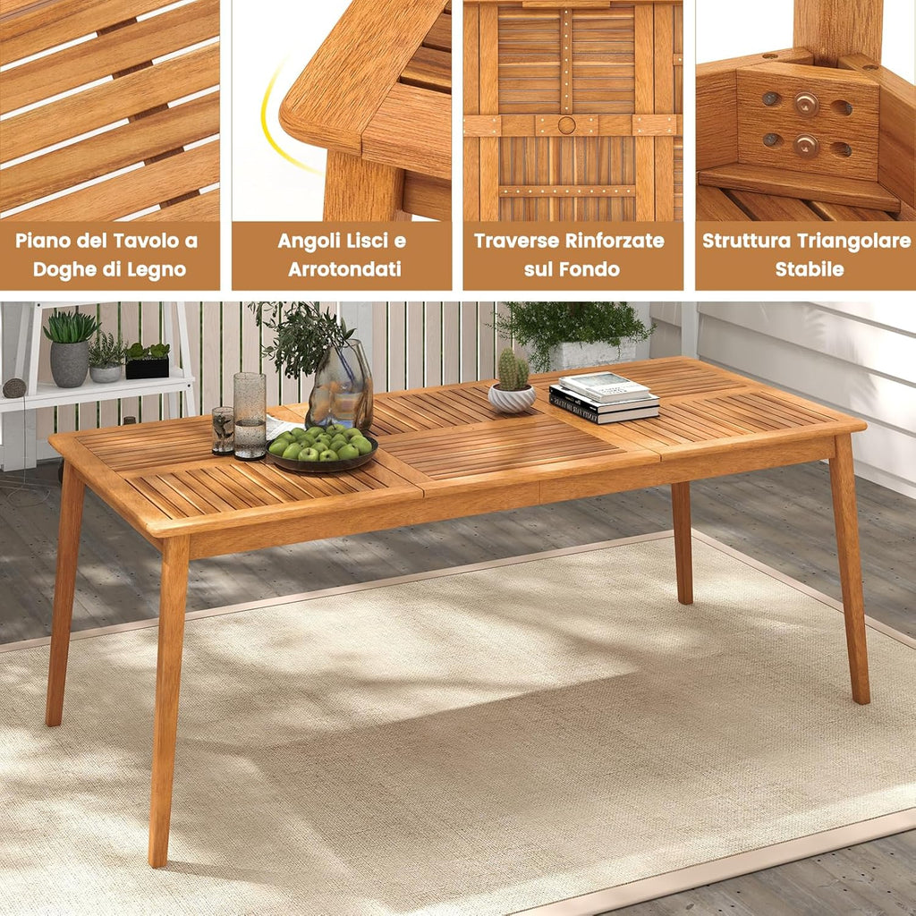 RELAX4LIFE Acacia Wood Outdoor Dining Table for 4 People with Umbrella Hole 5 cm, Weather Resistant for Garden, Terrace and Courtyard, Natural (200 x 90 x 75 cm)