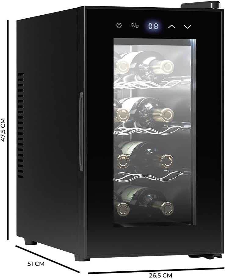 Cecotec Enoteca 8 Bottiglie Bolero Grandsommelier 830 Coolcrystal, Raffreddamento termoelettrico, Temperatura regolabile tra 8-18°C, Controllo tattile e display, LED interno, Gas non nocivo.