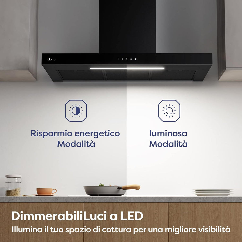 CIARRA CBCB9102 A+++ Cappa Aspirante 90 cm - 650m³/h - Wi-Fi App - Touch Control - 4 Velocità con Booster - Filtro Carbone Incluso -Evacuazione o Ricircolo - Design Moderno Nero