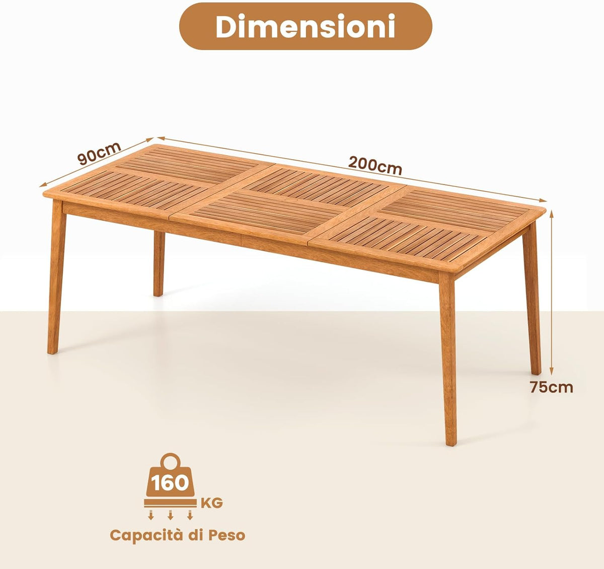RELAX4LIFE Acacia Wood Outdoor Dining Table for 4 People with Umbrella Hole 5 cm, Weather Resistant for Garden, Terrace and Courtyard, Natural (200 x 90 x 75 cm)