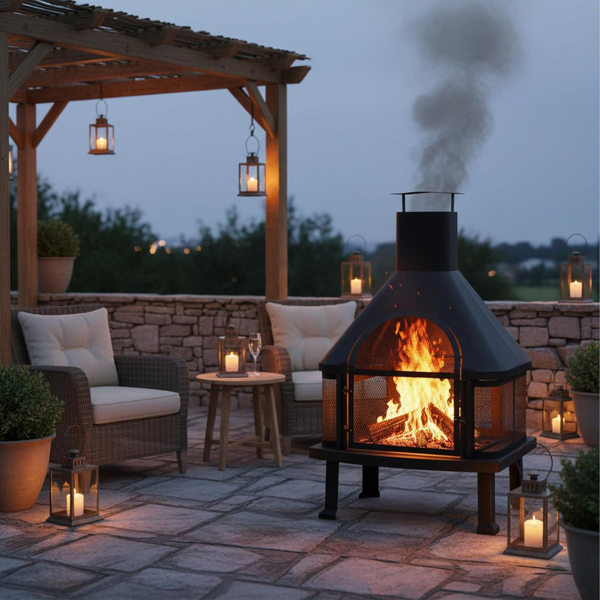 Relaxdays Forno da Terrazzo con Grill, Braciere con Parascintille, Attizzatoio, Massiccio, Acciaio, 110x63x51 cm, Nero