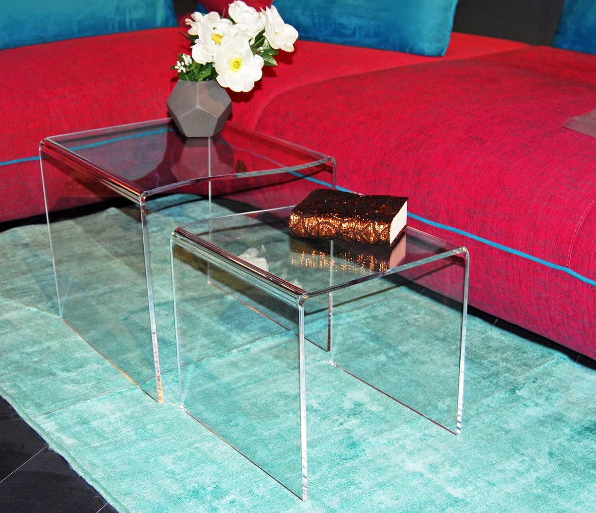 Slato Teseo ⎥ Set due Tavolini da Salotto,Impilabili, Tavolini da Soggiorno, Set Tavolini da caffè, Tavolini Design Moderno in cristallo Acrilico Made in Italy, Trasparente