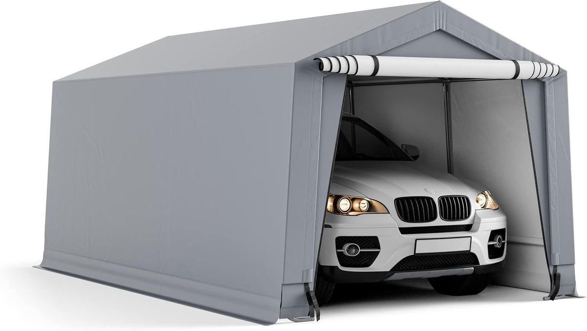 COSTWAY Tendone Garage 2,9 x 4,9 m, Telaio in Acciaio Zincato, Travi Triangolari Rinforzate, per Auto, Moto, Biciclette, Carico e Evento all'aperto, Grigio
