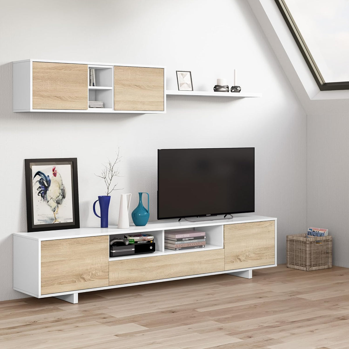 Habitdesign Mobile Soggiorno Moderno, Moduli Sala da Pranzo, Modello Belus, Finitura in Bianco Lucido e Rovere Canadese, Dimensioni: 200 cm (profondità) x 41 cm (Altezza) x 46 cm