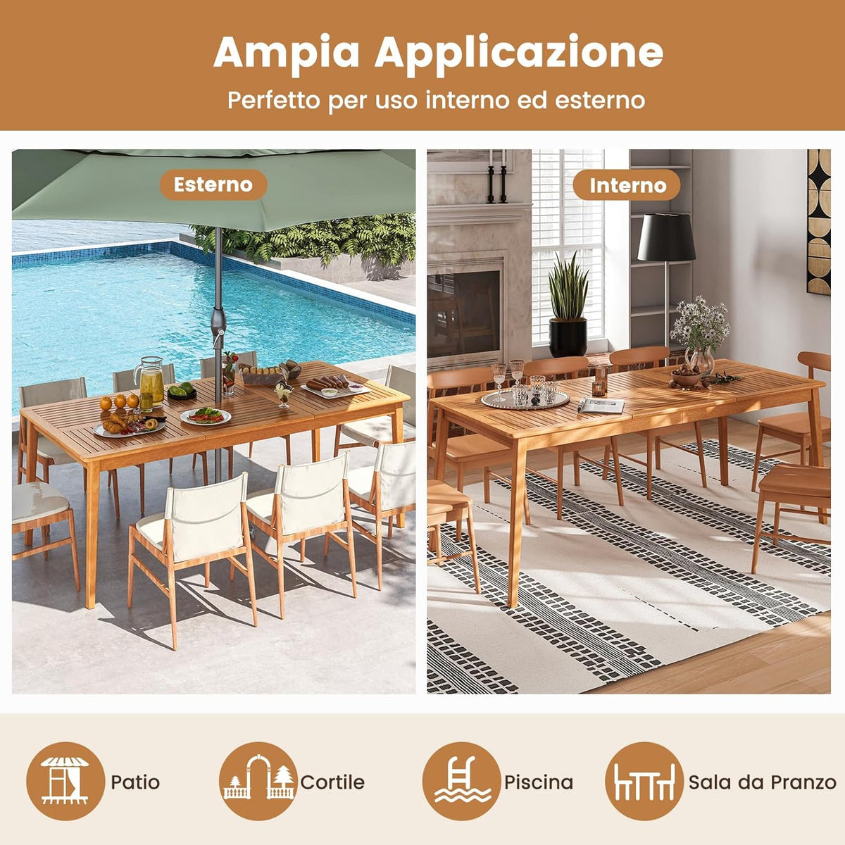 RELAX4LIFE Acacia Wood Outdoor Dining Table for 4 People with Umbrella Hole 5 cm, Weather Resistant for Garden, Terrace and Courtyard, Natural (200 x 90 x 75 cm)