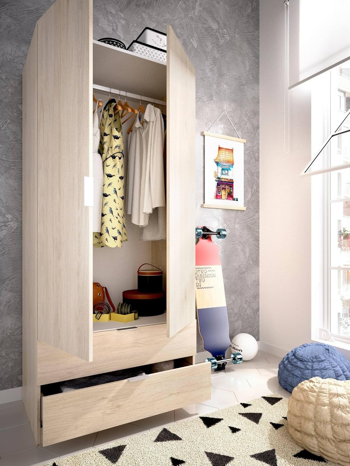 Dmora Pisanino Wardrobe 2 Doors 52 x 184 H cm Brown Oak 2 Drawers Clothes Hanger, Bedroom Wardrobe 2 Doors